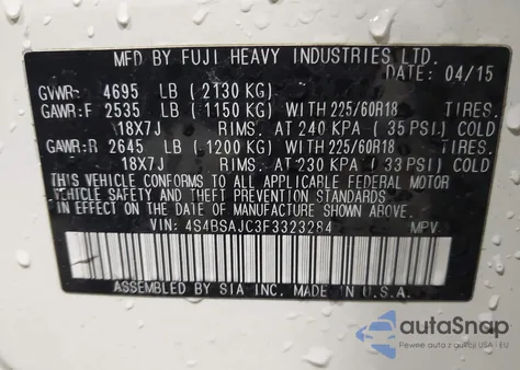 2015 Subaru Outback 2.5I Limited z USA, uszkodzony, nr VIN 4S4BSAJC3F3323284